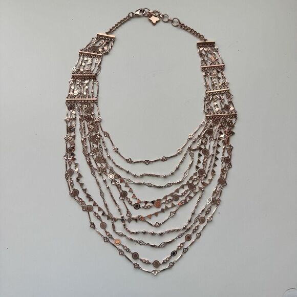 BCBG Maxazria Necklace Boho Layered Multi Strand Drape Bib Runway Rose Gold NEW - Picture 1 of 4